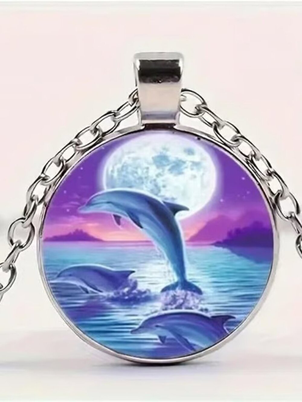 Silver DOLPHIN Glass Cabochon Pendant Necklace